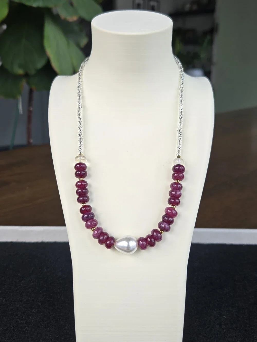 Handcrafted Semiprecious Purple Jade Necklace with Swarovski Pearl Accent